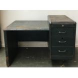 An art deco industrial metal desk, with slide and three drawers, 114x87x76cmH