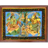An Indian painting on glass depicting Arjuna and Krishna surrounded by a floral border, 'T.K