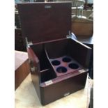 A mahogany wine box, divided for two bottles and four glasses, 33.5cmW