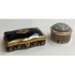 A Halcyon Days Royal Albert Hall music box; together with a Limoges Castel trinket box with 22ct