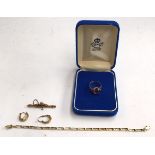 Gold bracelet marked 585, 4.9g together with 9ct gold earrings and broken brooch 2.6g and a yellow