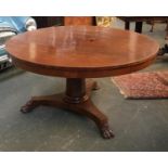A Victorian mahogany circular tip-top breakfast table, on hexagonal tapered column triform base, and