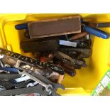 A mixed box of tools, to include various spanners, knife sharpener, chisels; together with wood plan