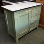 A kitchen sideboard with enamel top over three drawers and cupboard door, 92cmW