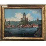 Circa 1830s Swiss, oil on metal, Clocktower, Schaffhausen on the Rhine near Basel, Switzerland,