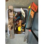 A mixed box of hand tools, to include saws, hammers, screwdrivers, hand drill, measuring devices