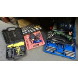 Various boxes of tools including socket set; Parkside Dremmel tool etc