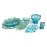 A quantity of George Davidson Opalescent Pearline blue glass, to include bonbon dishes, tumbler,