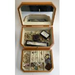 Mixed lot of costume jewellery in a large wooden jewellery box