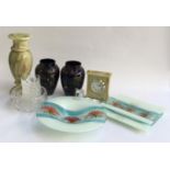 A mixed lot to include a pair of Royal Stanley ware Jacobean vases; studio glass; Seiko onyx clock