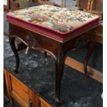 A piano stool with grospoint upholstered seat, on carved cabriole legs, 48cmW