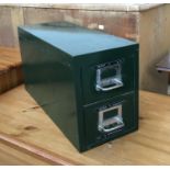 A green painted metal reference card filing tray, originally from the Land Registry Office,