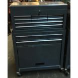 A metal tool organiser on lockable casters, comprising a number of drawers over cupboard, 60cmW