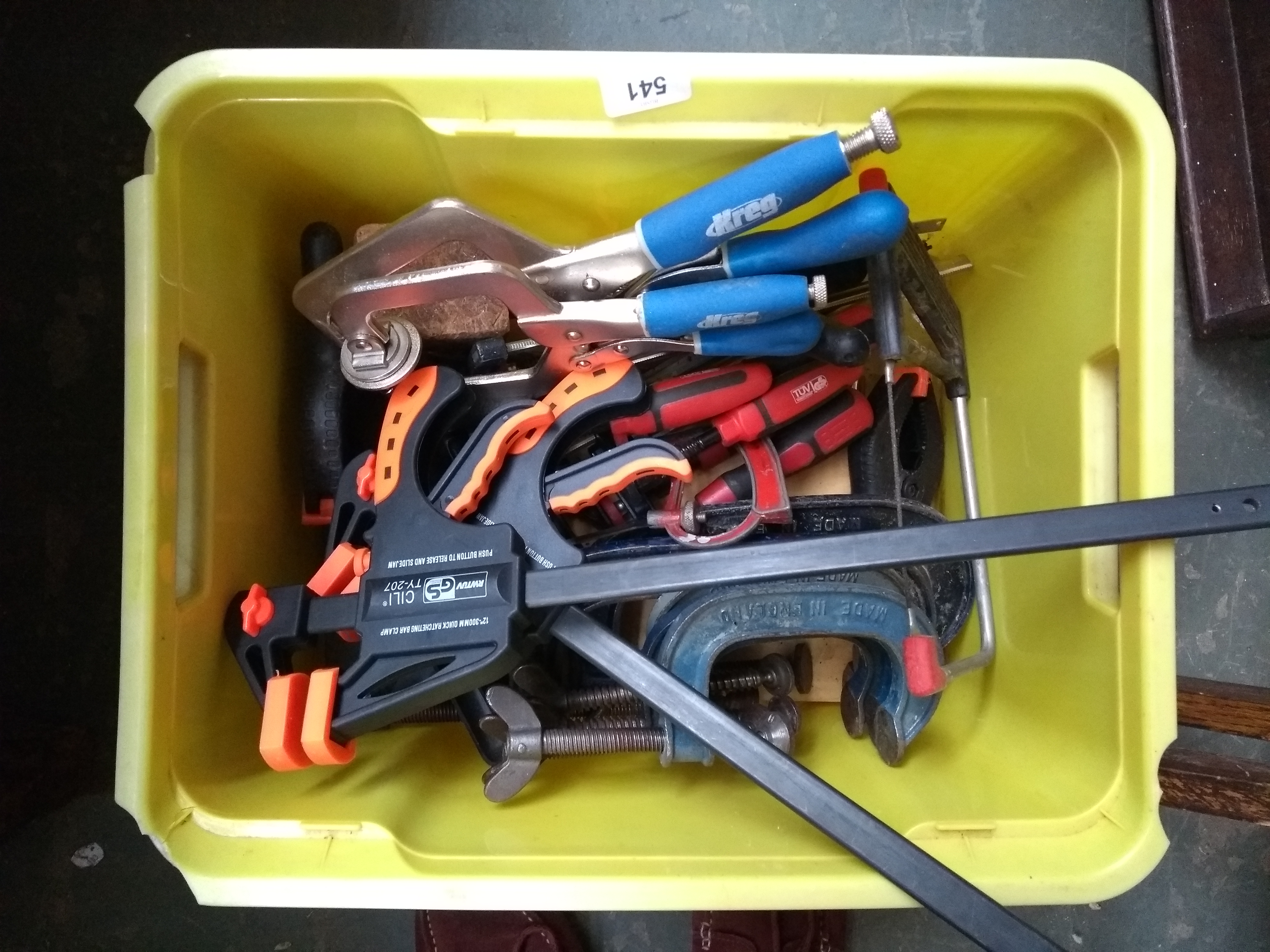 A mixed box of tools to include mostly clamps, G clamps, F clamps, etc