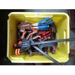 A mixed box of tools to include mostly clamps, G clamps, F clamps, etc