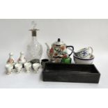 A mixed lot of glass and ceramics, to include a cut glass decanter with silver collar, pewter