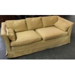 A small three seater sofa, upholstered in yellow, in need of some restoration, 178cmW