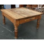 A pine table with end drawer, cut down for use as a coffee table, 115x102x47cmH
