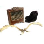 A mixed lot to include antlers, a 'Belling' vintage heater and a pair of fur boots