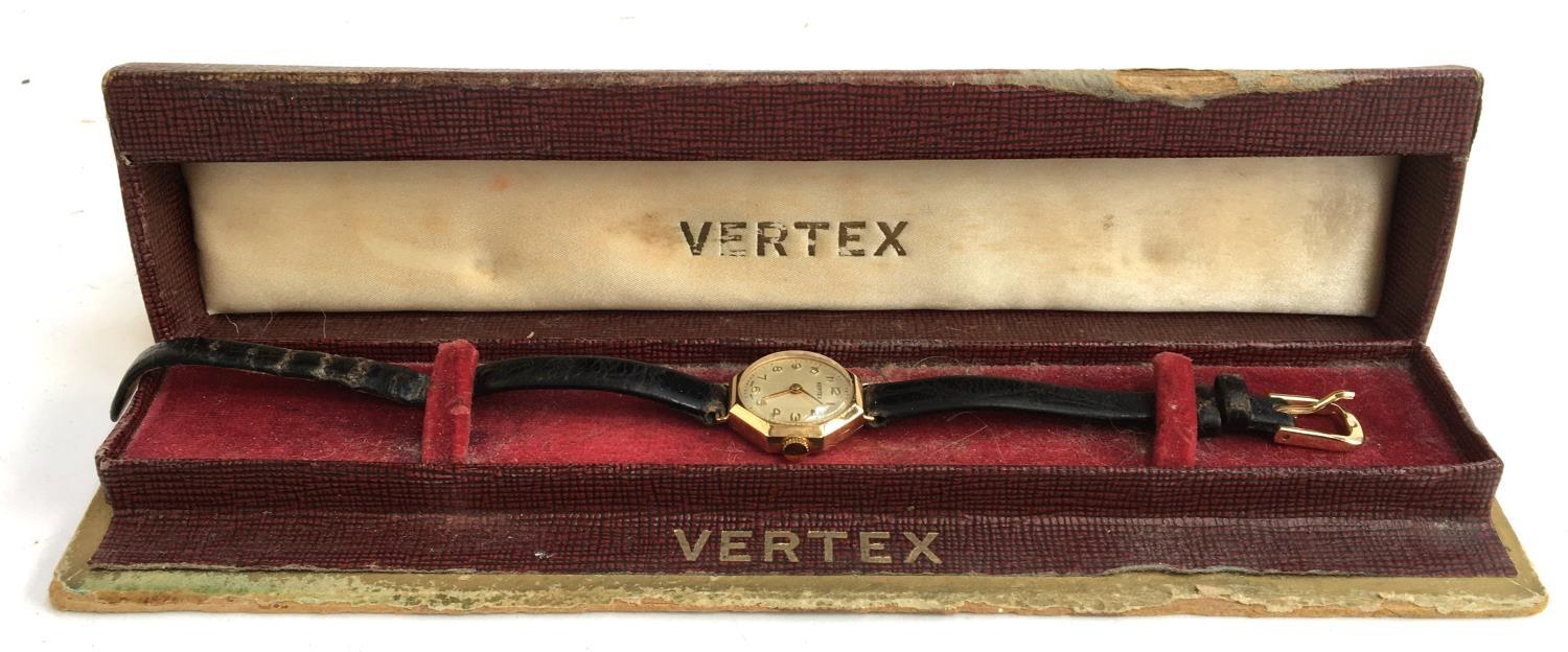 9ct gold Vertex ladies watch on leather strap in box