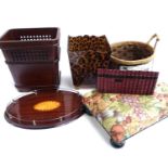 A mixed lot to include waste paper bins, basket, upholstered foot stool, marquetry tray etc