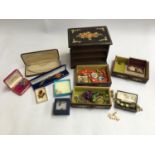 Wooden jewellery box with 3 drawers and further box containing various items of costume jewellery to