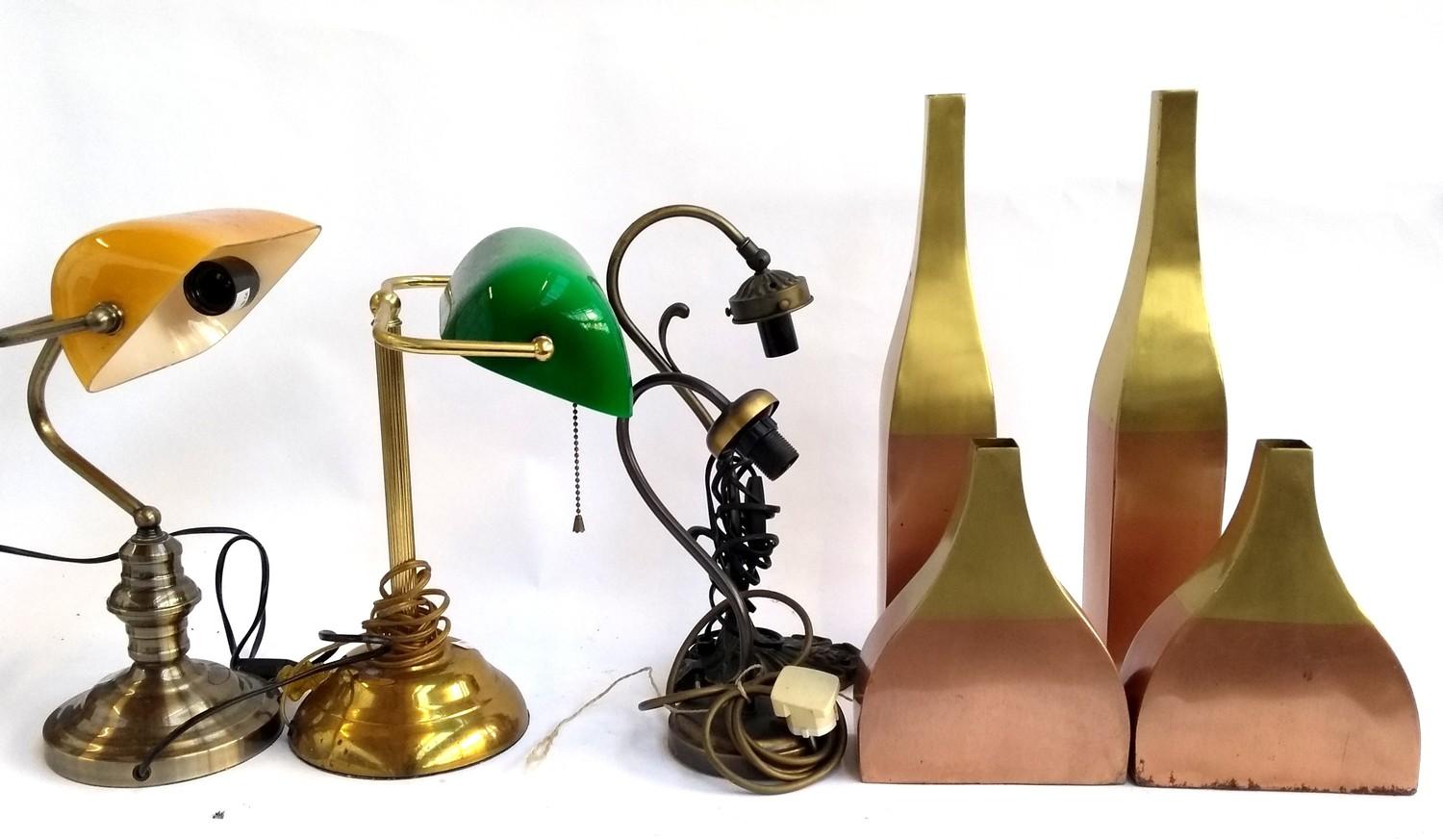 Two bankers lamps; together with two others and two pairs of contemporary metal vases