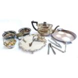 A mixed lot of silver plated wares to include a pair of Barker-Ellis wine coasters; teapot;