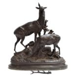 After Waagen, a patinated spelter group of a stag and doe, signed 'A. Waagen', 50cm wide, 55cm