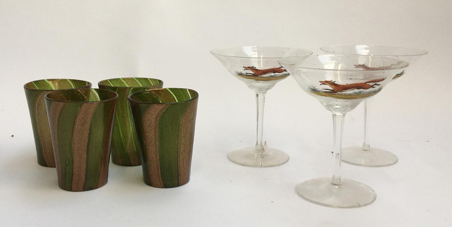 Three champagne cups, hand painted with running foxes; and four coloured glass tumblers - Image 2 of 2