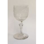 A 19th century wine glass, etched with stag hunting scene, 18.5cm high