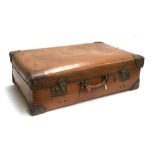 'The Verilite' vintage leather suitcase, the top marked Arbuthnot, leather corner bracings,