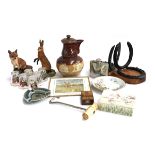 A mixed hunting interest lot to include stoneware jug and lid; Border Fine Art figures of a fox and