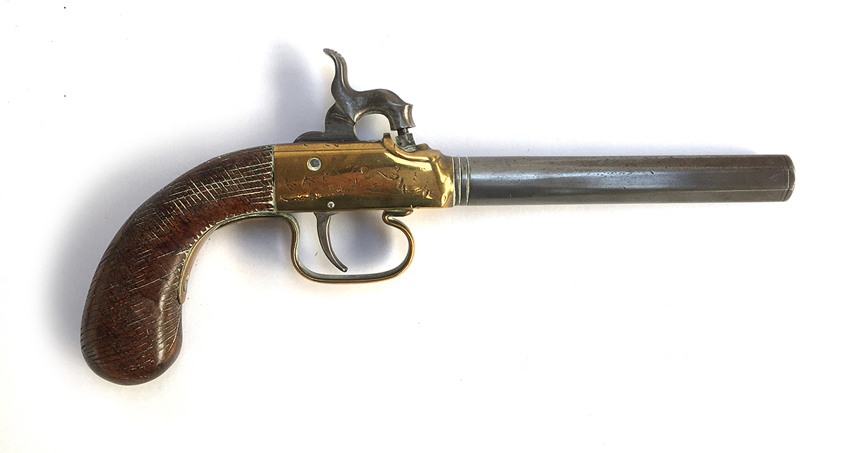 A mid-18th century percussion pistol, brass fittings marked BP, with maker's mark, the octagonal - Image 2 of 2