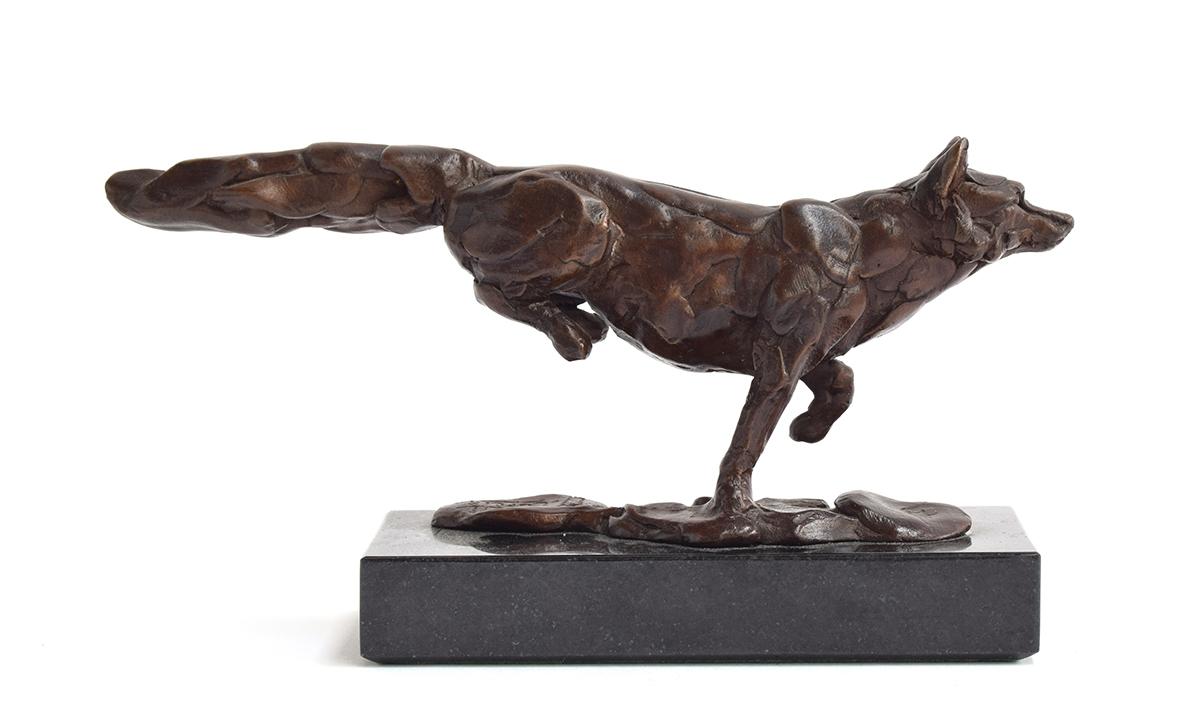 Mark Coreth (born 1958), Running fox, bronze signed and numbered 1/9, mounted to a black marble