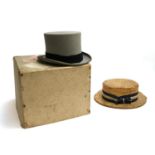 A Gieves Ltd. straw boater; together with a Moss Bros. grey top hat in hat box