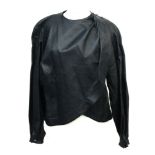 A Jean Muir black leather jacket with padded shoulders, shoulder button missing, size 10