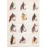 A group of 12 seatrout flies and 12 salmon flies each mounted and framed