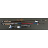 Two telescopic rods; together with a two piece Hornet pin fire fly rod; and a Hardy invincible two