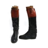 A pair of gent's black top boots, with mahogany tops and wooden trees, approx. size 9.5