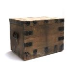 An oak silver trunk by J. Parkes, Goldsmith and Jeweller, Vigo St. London, with metal bracing and