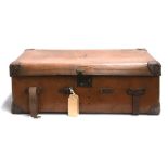 'The Verilite' vintage leather travel trunk, with leather corner bracings, marked C.F. to side,