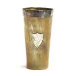 A large Victorian horn beaker with glass base and silver rim, with silver vacant plaque, maker's