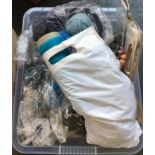 A box of various wools, needles, and knitting patterns and paraphernalia