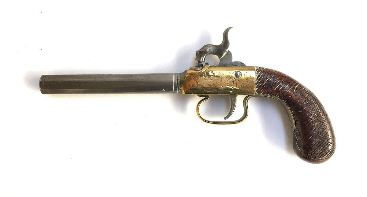 A mid-18th century percussion pistol, brass fittings marked BP, with maker's mark, the octagonal