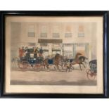 A 19th century coloured engraving of the Duke of Beaufort coach starting from the Bull & Mouth,