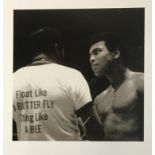 A black and white photographic print of Muhammad Ali, 27x27cm