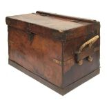 A 19th century leather coaching trunk, with metal bracing and twin rope handles, 70x44x44cmH