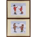 A pair of hunting cartoon prints, 'Christmas Truce I' and 'Christmas Truce II', depicting a hunter