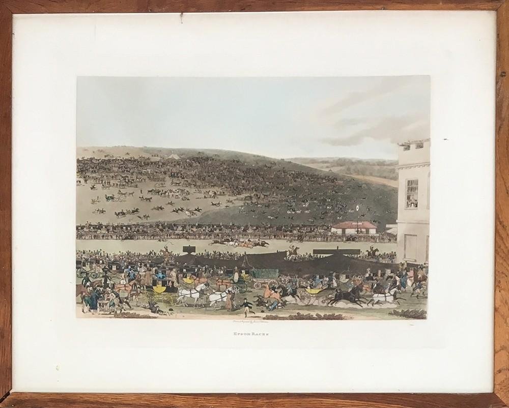After James Pollard (1792-1867), 'Epsom Races', colour aquatint, Derby day c.1820, 40x56cm
